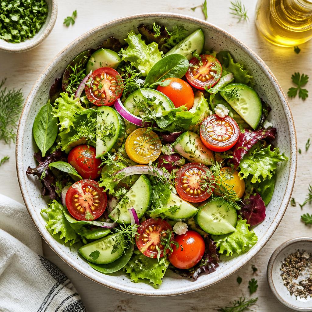 Salada colorida e fresca em uma tigela de cerâmica, com tomate, pepino e folhas verdes